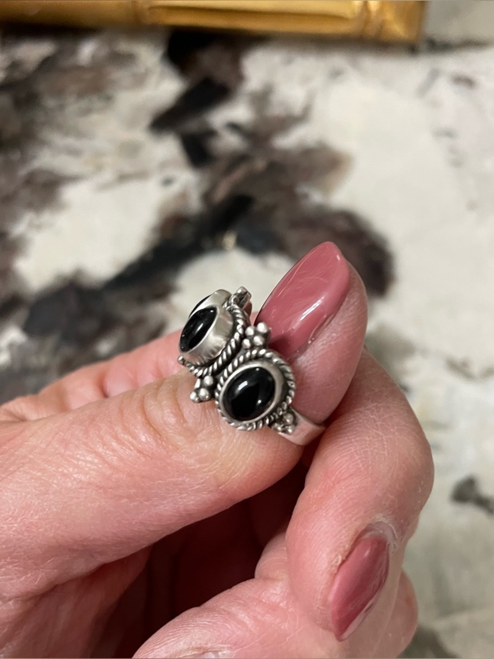 Sterling Silver 925 Southwestern Style Black Onyx Triple Stone Ring Size 7 - Picture 7 of 10